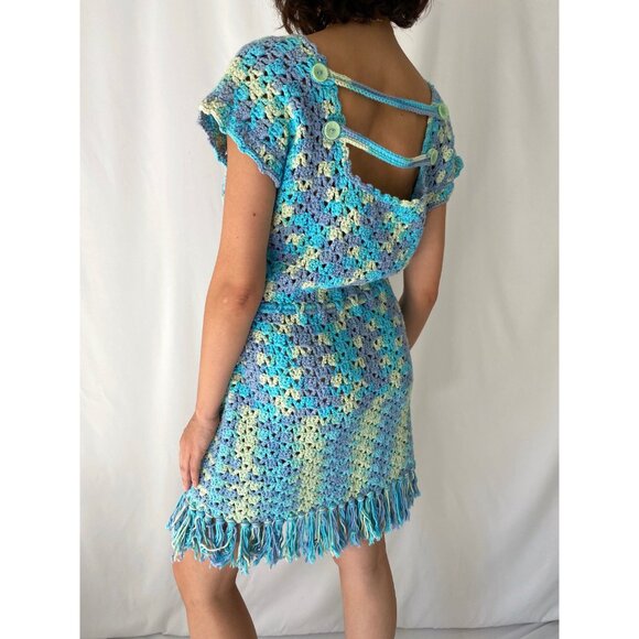 70s vintage blue hand knit hippy granny hippy thick crochet fringed midi dress - Picture 3 of 8